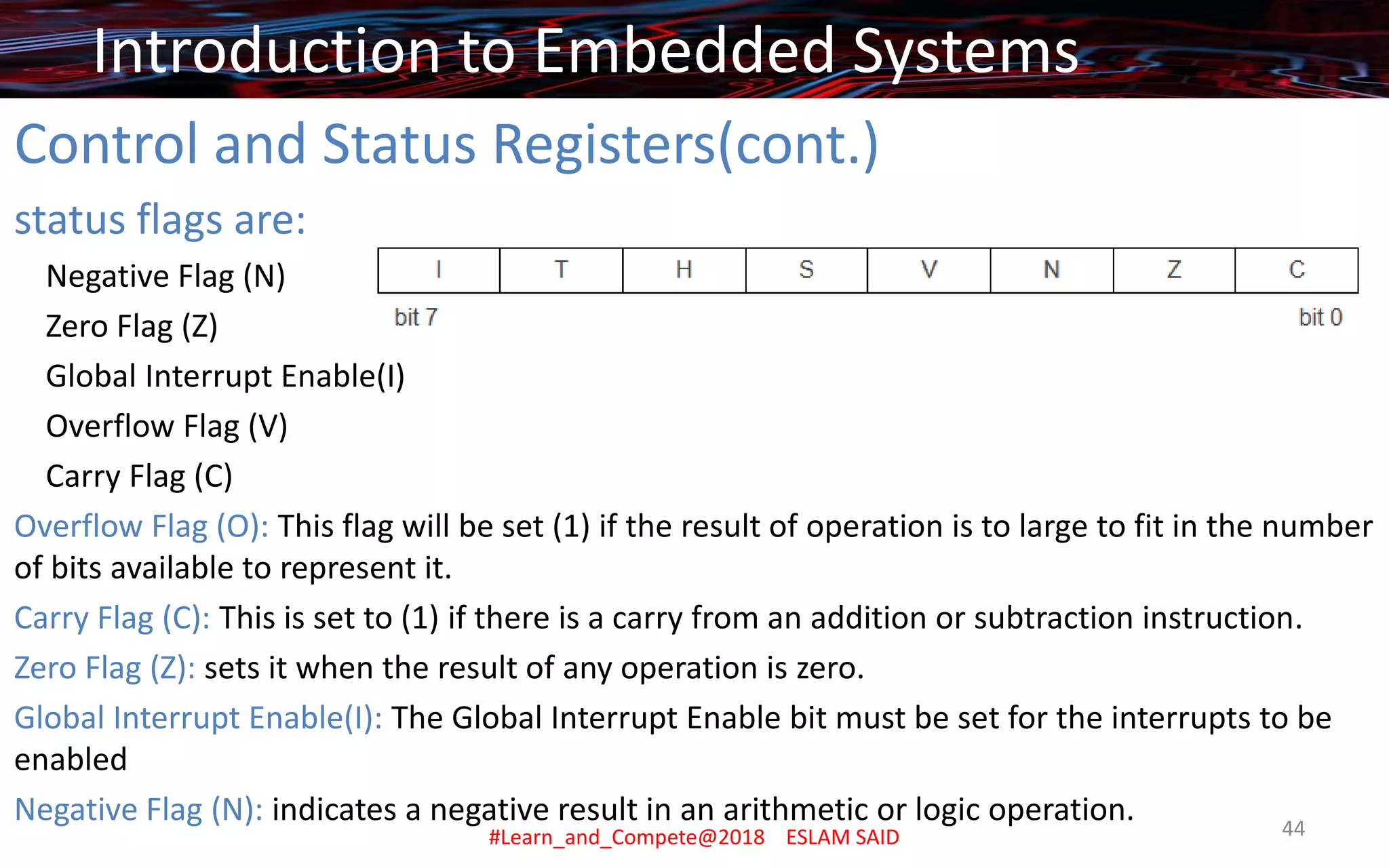 Control and Status Registers(cont.)
status flags are:
Negative Flag (N)
Zero Flag (Z)
Global Interrupt Enable(I)
Overflow Flag (V)
Carry Flag (C)
Overflow Flag (O): This flag will be set (1) if the result of operation is to large to fit in the number
of bits available to represent it.
Carry Flag (C): This is set to (1) if there is a carry from an addition or subtraction instruction.
Zero Flag (Z): sets it when the result of any operation is zero.
Global Interrupt Enable(I): The Global Interrupt Enable bit must be set for the interrupts to be
enabled
Negative Flag (N): indicates a negative result in an arithmetic or logic operation.
Introduction to Embedded Systems
44#Learn_and_Compete@2018 ESLAM SAID
 