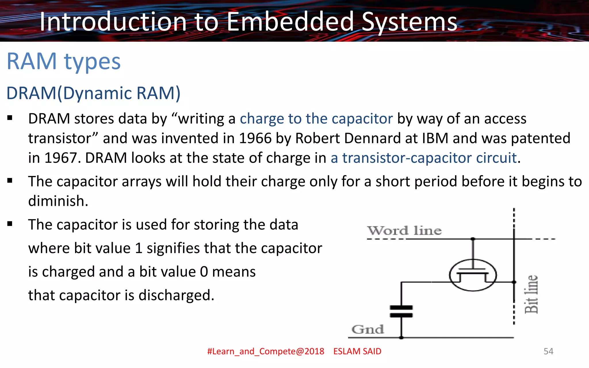 RAM types
DRAM(Dynamic RAM)
▪ DRAM stores data by “writing a charge to the capacitor by way of an access
transistor” and was invented in 1966 by Robert Dennard at IBM and was patented
in 1967. DRAM looks at the state of charge in a transistor-capacitor circuit.
▪ The capacitor arrays will hold their charge only for a short period before it begins to
diminish.
▪ The capacitor is used for storing the data
where bit value 1 signifies that the capacitor
is charged and a bit value 0 means
that capacitor is discharged.
Introduction to Embedded Systems
#Learn_and_Compete@2018 ESLAM SAID 54
 