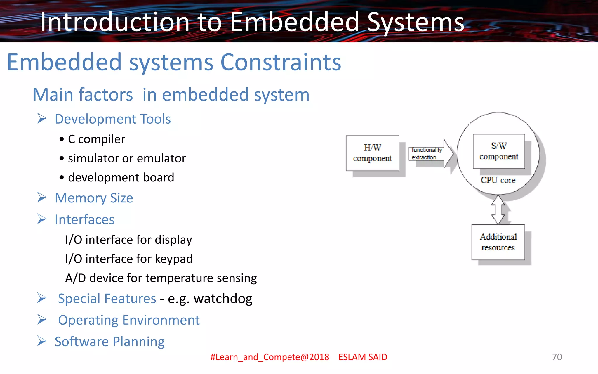 Embedded systems Constraints
Main factors in embedded system
➢ Development Tools
• C compiler
• simulator or emulator
• development board
➢ Memory Size
➢ Interfaces
I/O interface for display
I/O interface for keypad
A/D device for temperature sensing
➢ Special Features - e.g. watchdog
➢ Operating Environment
➢ Software Planning
Introduction to Embedded Systems
#Learn_and_Compete@2018 ESLAM SAID 70
 