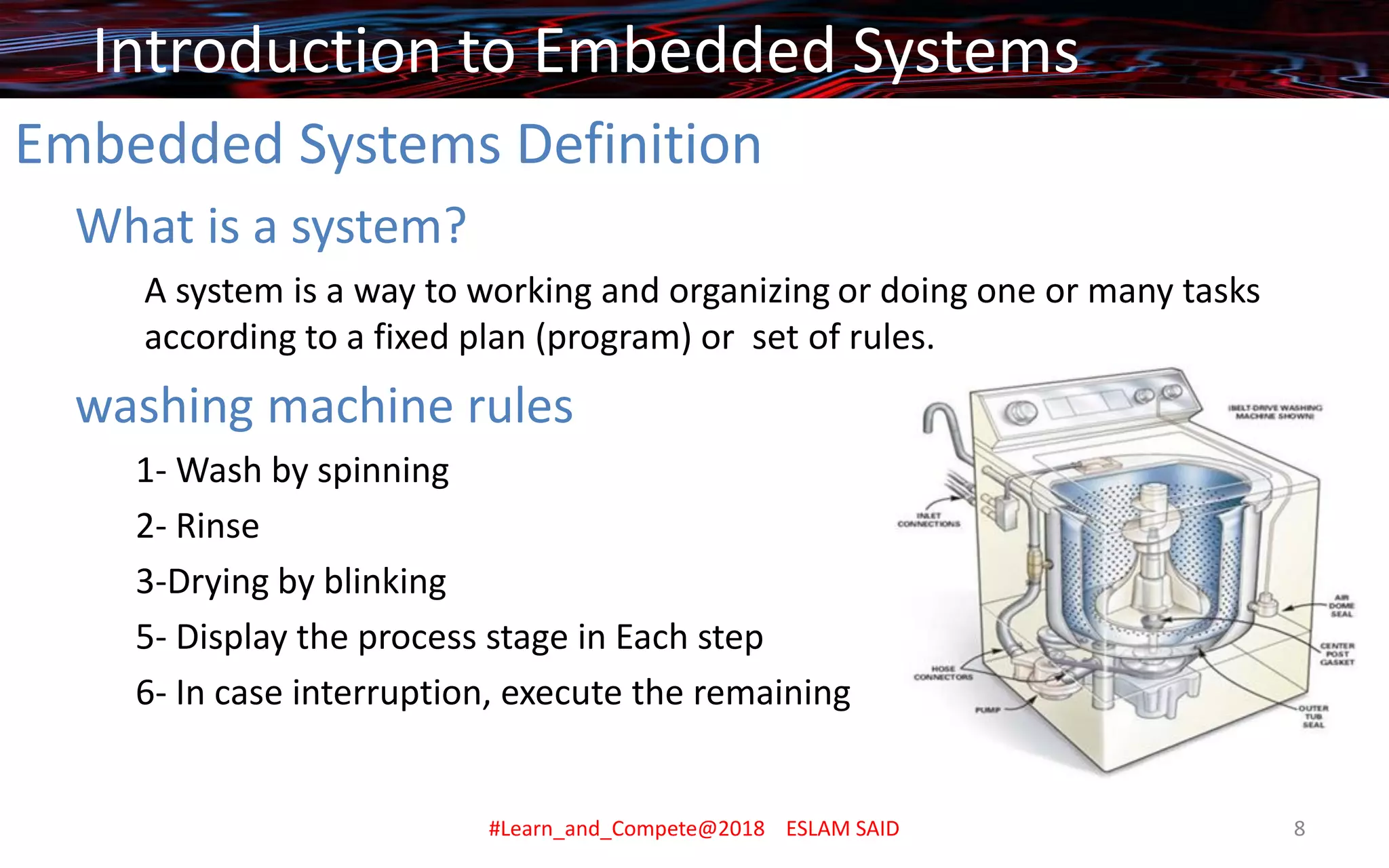 Embedded Systems Definition
What is a system?
A system is a way to working and organizing or doing one or many tasks
according to a fixed plan (program) or set of rules.
washing machine rules
1- Wash by spinning
2- Rinse
3-Drying by blinking
5- Display the process stage in Each step
6- In case interruption, execute the remaining
Introduction to Embedded Systems
#Learn_and_Compete@2018 ESLAM SAID 8
 
