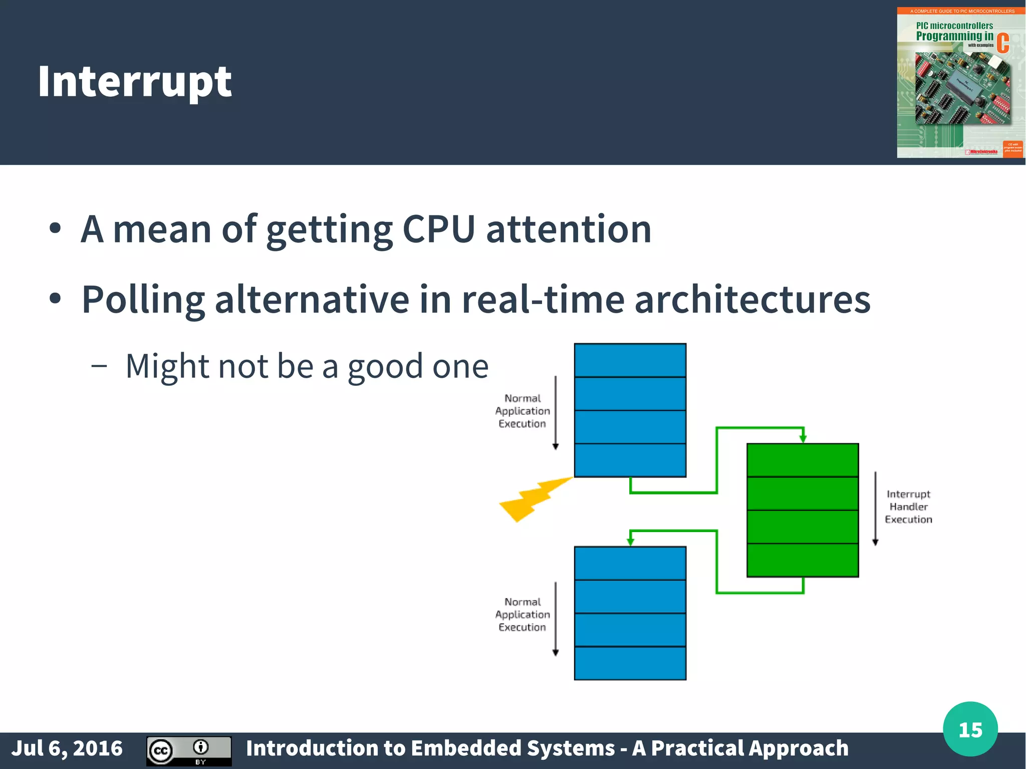 Jul 6, 2016 Introduction to Embedded Systems - A Practical Approach 15 Interrupt ● A mean of getting CPU attention ● Polling alternative in real-time architectures – Might not be a good one 