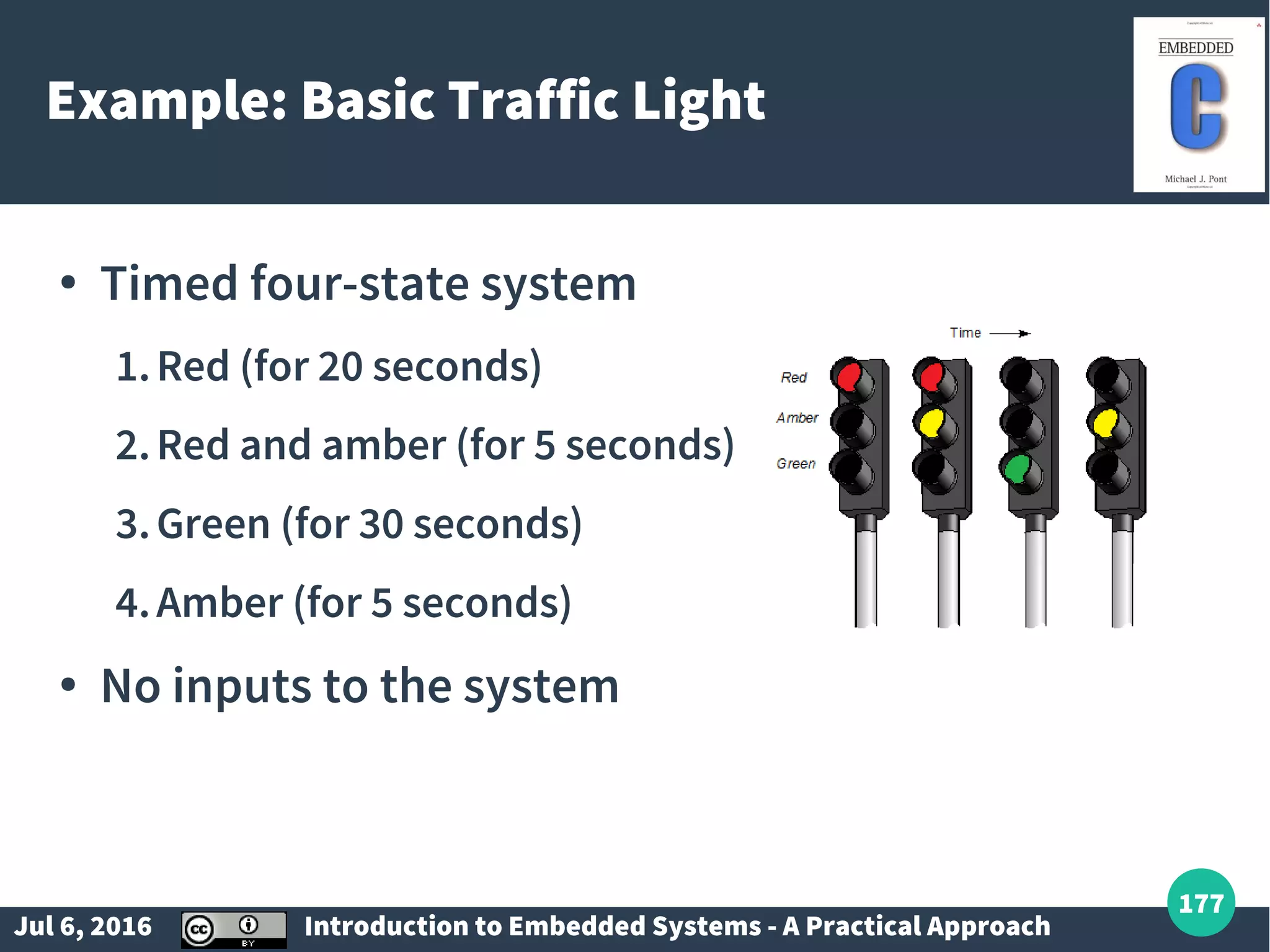 Jul 6, 2016 Introduction to Embedded Systems - A Practical Approach 177 Example: Basic Traffic Light ● Timed four-state system 1.Red (for 20 seconds) 2.Red and amber (for 5 seconds) 3.Green (for 30 seconds) 4.Amber (for 5 seconds) ● No inputs to the system 