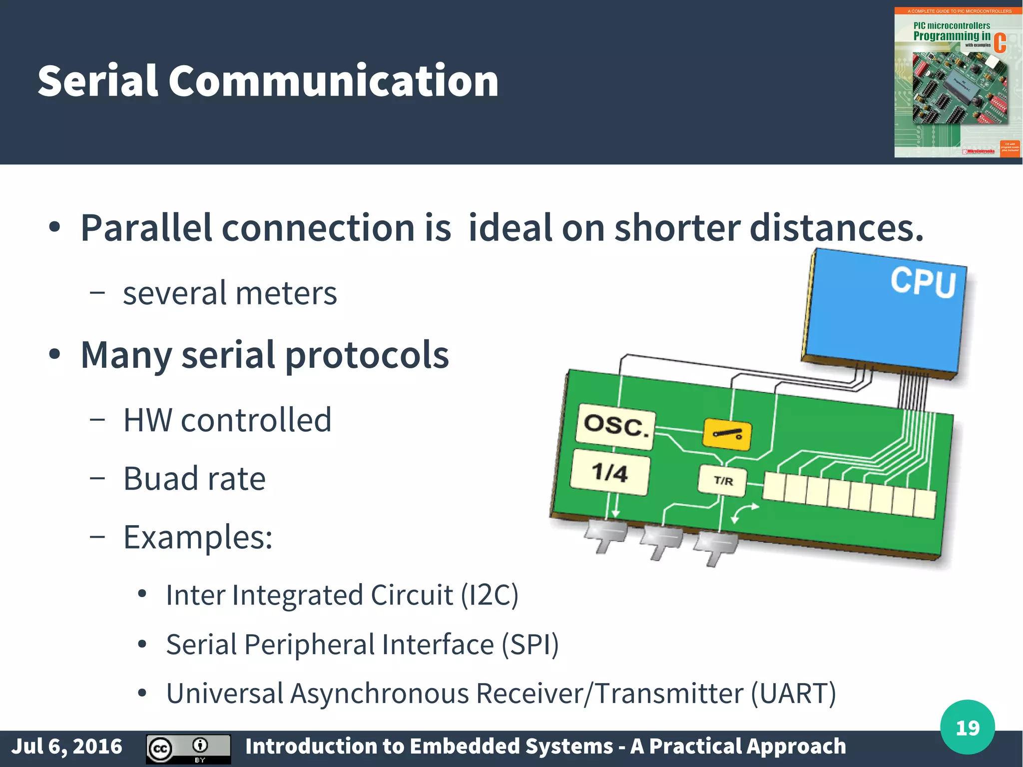 Jul 6, 2016 Introduction to Embedded Systems - A Practical Approach 19 Serial Communication ● Parallel connection is ideal on shorter distances. – several meters ● Many serial protocols – HW controlled – Buad rate – Examples: ● Inter Integrated Circuit (I2C) ● Serial Peripheral Interface (SPI) ● Universal Asynchronous Receiver/Transmitter (UART) 