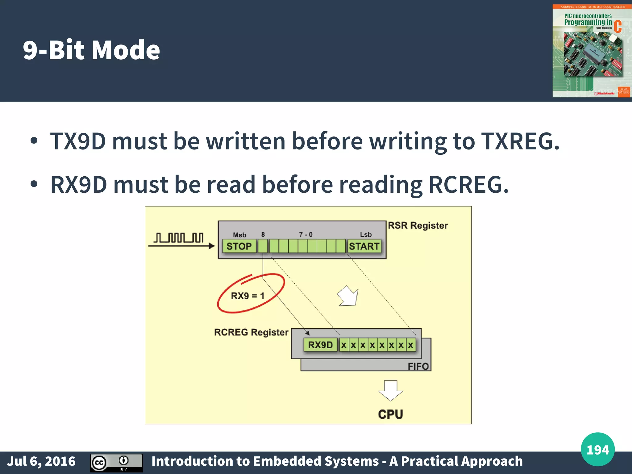 Jul 6, 2016 Introduction to Embedded Systems - A Practical Approach 194 9-Bit Mode ● TX9D must be written before writing to TXREG. ● RX9D must be read before reading RCREG. 