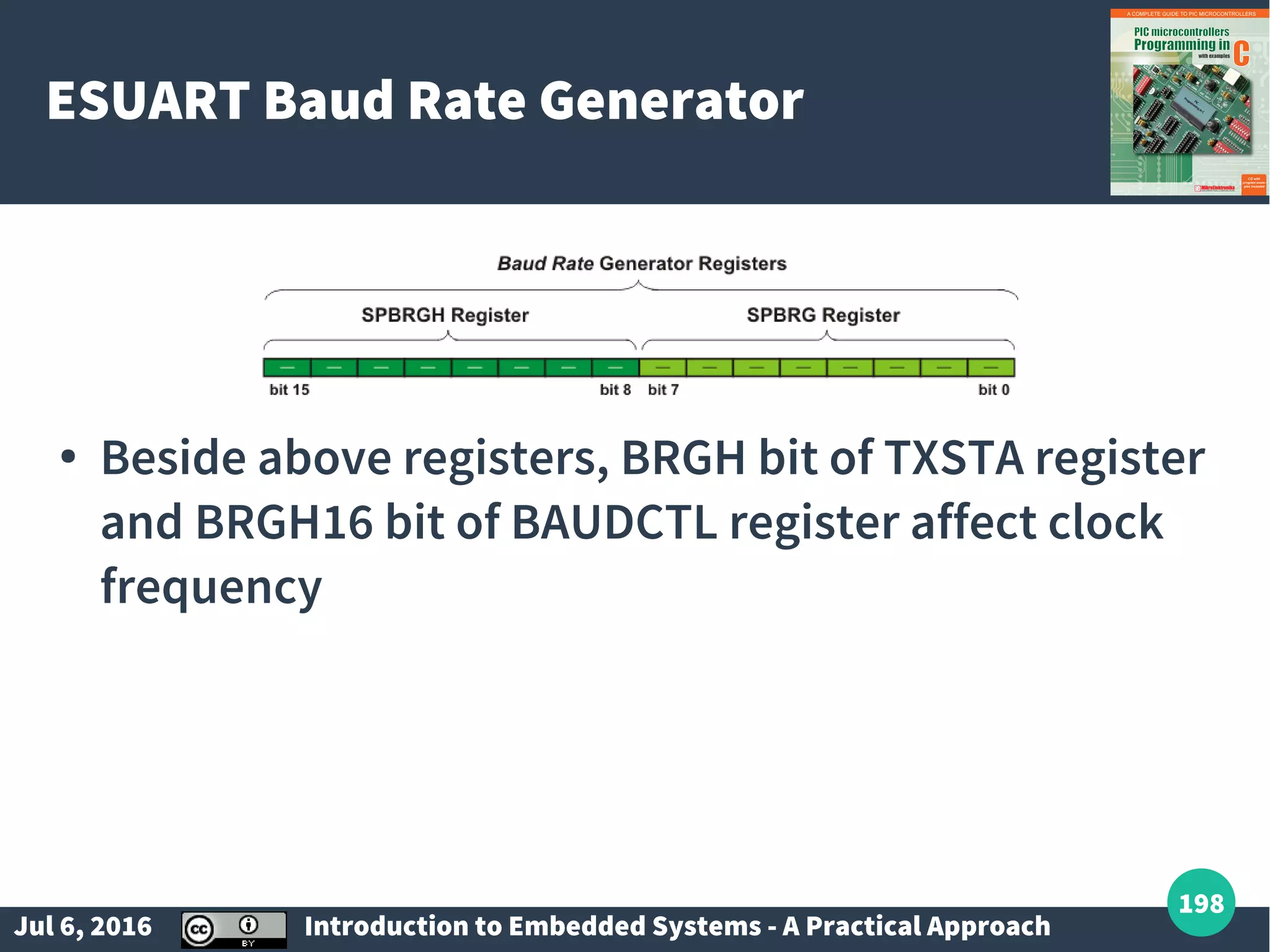 Jul 6, 2016 Introduction to Embedded Systems - A Practical Approach 198 ESUART Baud Rate Generator ● Beside above registers, BRGH bit of TXSTA register and BRGH16 bit of BAUDCTL register affect clock frequency 