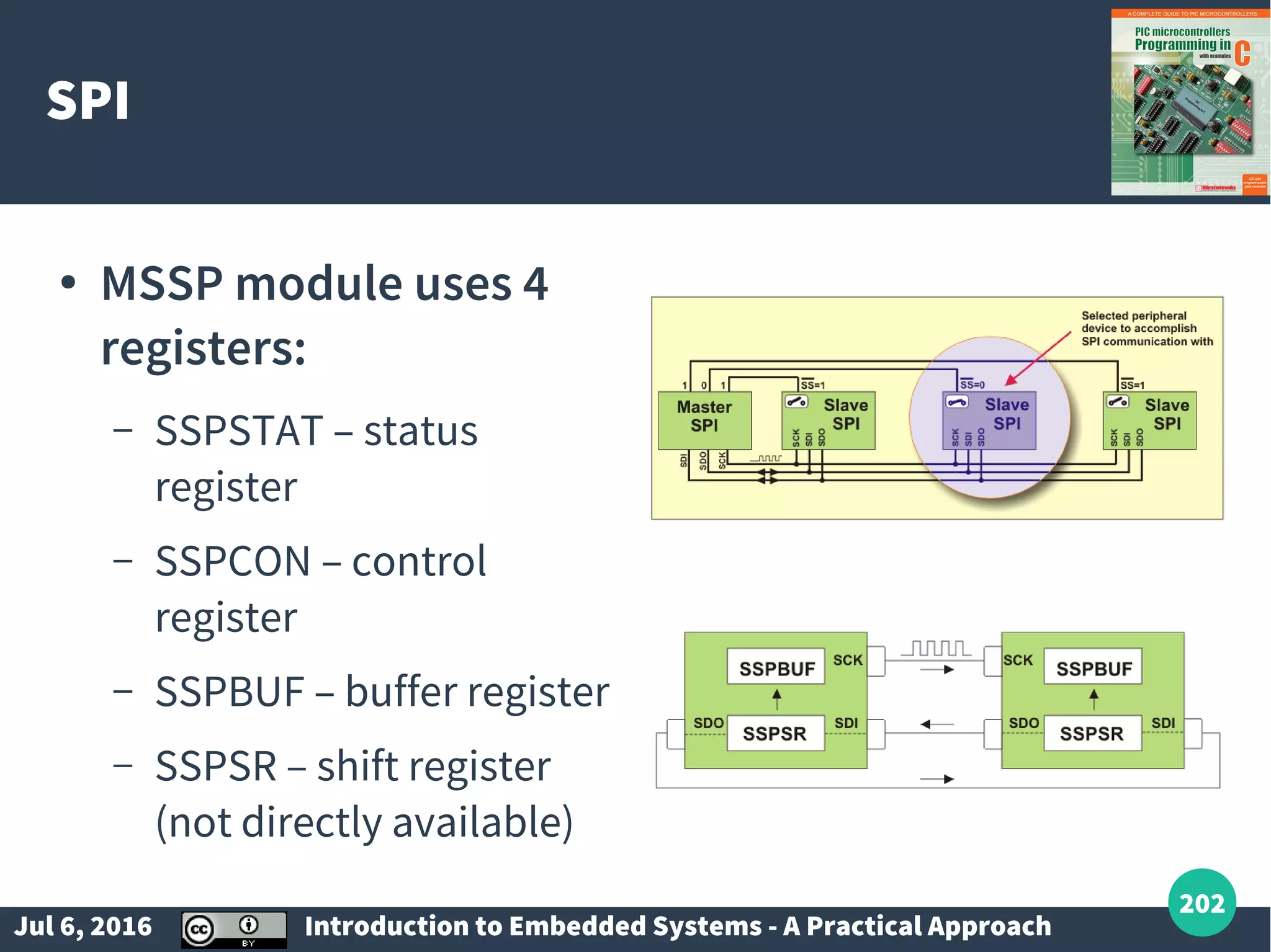 Jul 6, 2016 Introduction to Embedded Systems - A Practical Approach 202 SPI ● MSSP module uses 4 registers: – SSPSTAT – status register – SSPCON – control register – SSPBUF – buffer register – SSPSR – shift register (not directly available) 