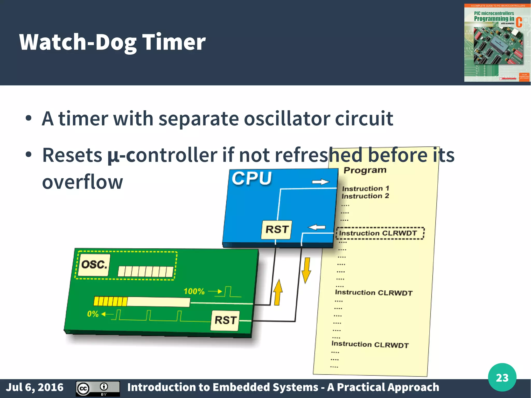 Jul 6, 2016 Introduction to Embedded Systems - A Practical Approach 23 Watch-Dog Timer ● A timer with separate oscillator circuit ● Resets µ-controller if not refreshed before its overflow 