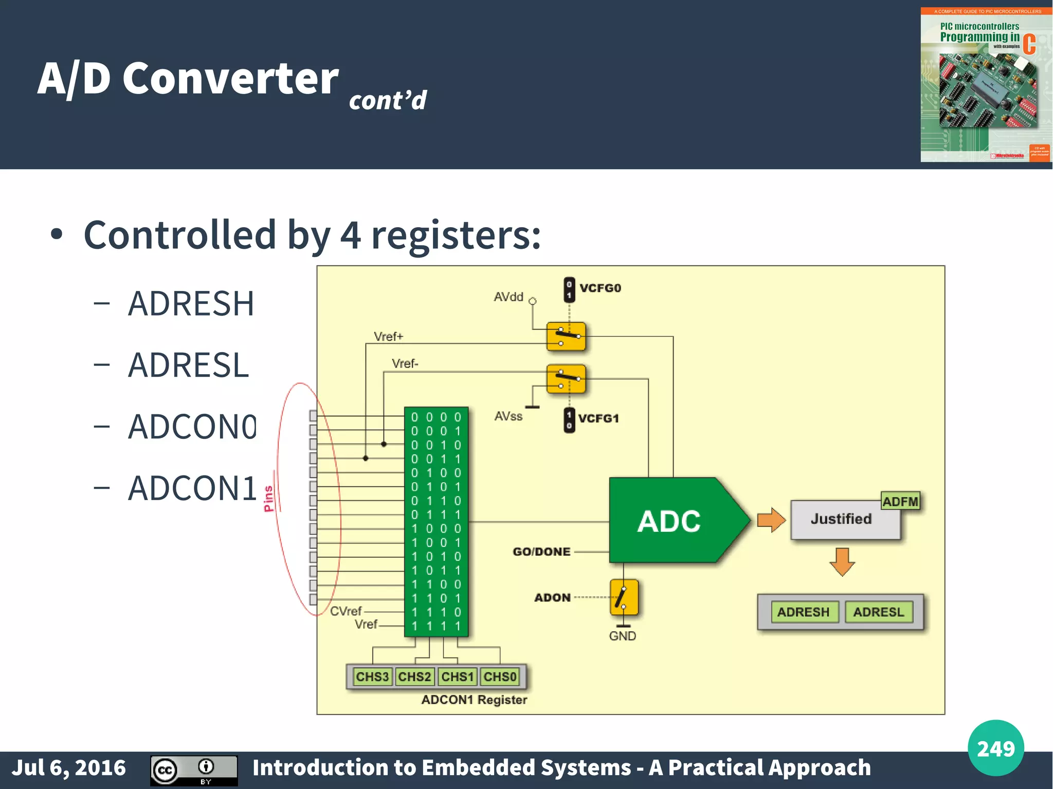 Jul 6, 2016 Introduction to Embedded Systems - A Practical Approach 249 A/D Converter cont’d ● Controlled by 4 registers: – ADRESH - high byte of conversion – ADRESL - low byte of conversion – ADCON0 - control register 0 – ADCON1 - control register 1 