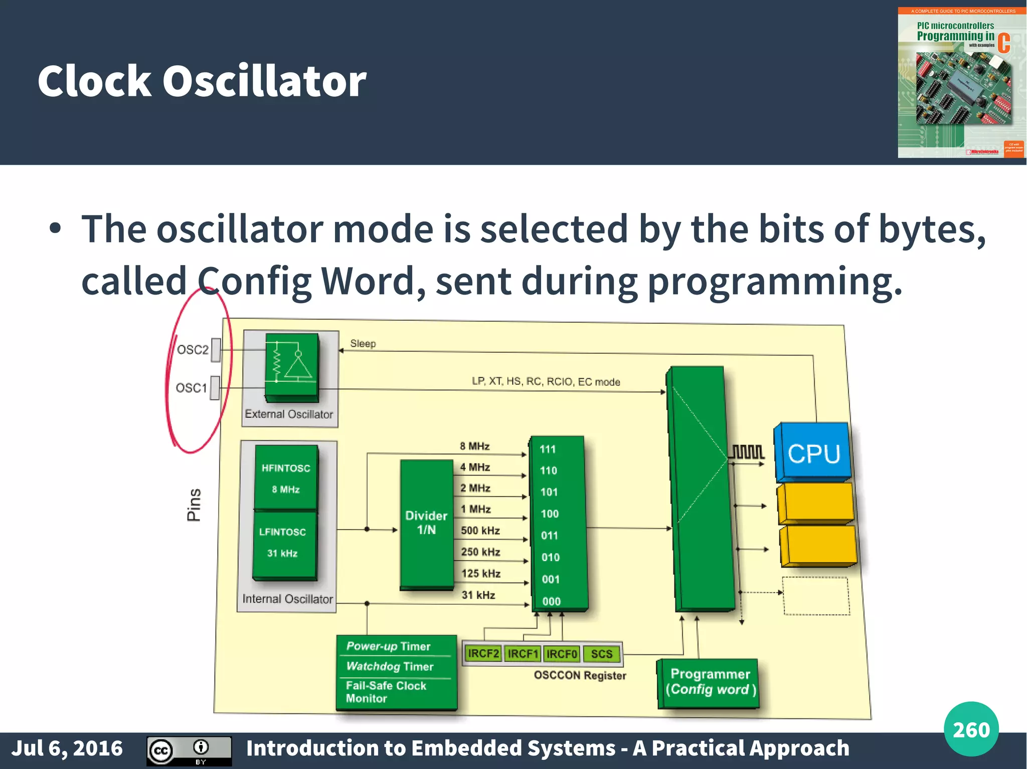 Jul 6, 2016 Introduction to Embedded Systems - A Practical Approach 260 Clock Oscillator ● The oscillator mode is selected by the bits of bytes, called Config Word, sent during programming. 