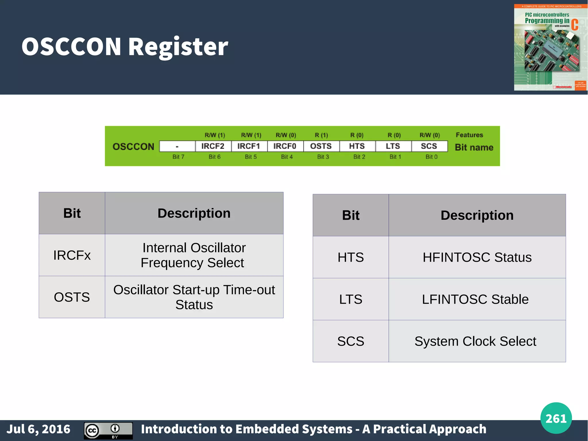 Jul 6, 2016 Introduction to Embedded Systems - A Practical Approach 261 OSCCON Register Bit Description IRCFx Internal Oscillator Frequency Select OSTS Oscillator Start-up Time-out Status Bit Description HTS HFINTOSC Status LTS LFINTOSC Stable SCS System Clock Select 