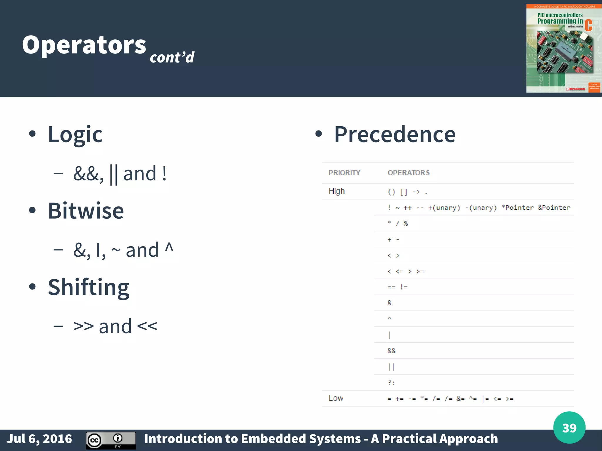 Jul 6, 2016 Introduction to Embedded Systems - A Practical Approach 39 Operatorscont’d ● Logic – &&, || and ! ● Bitwise – &, I, ~ and ^ ● Shifting – >> and << ● Precedence 