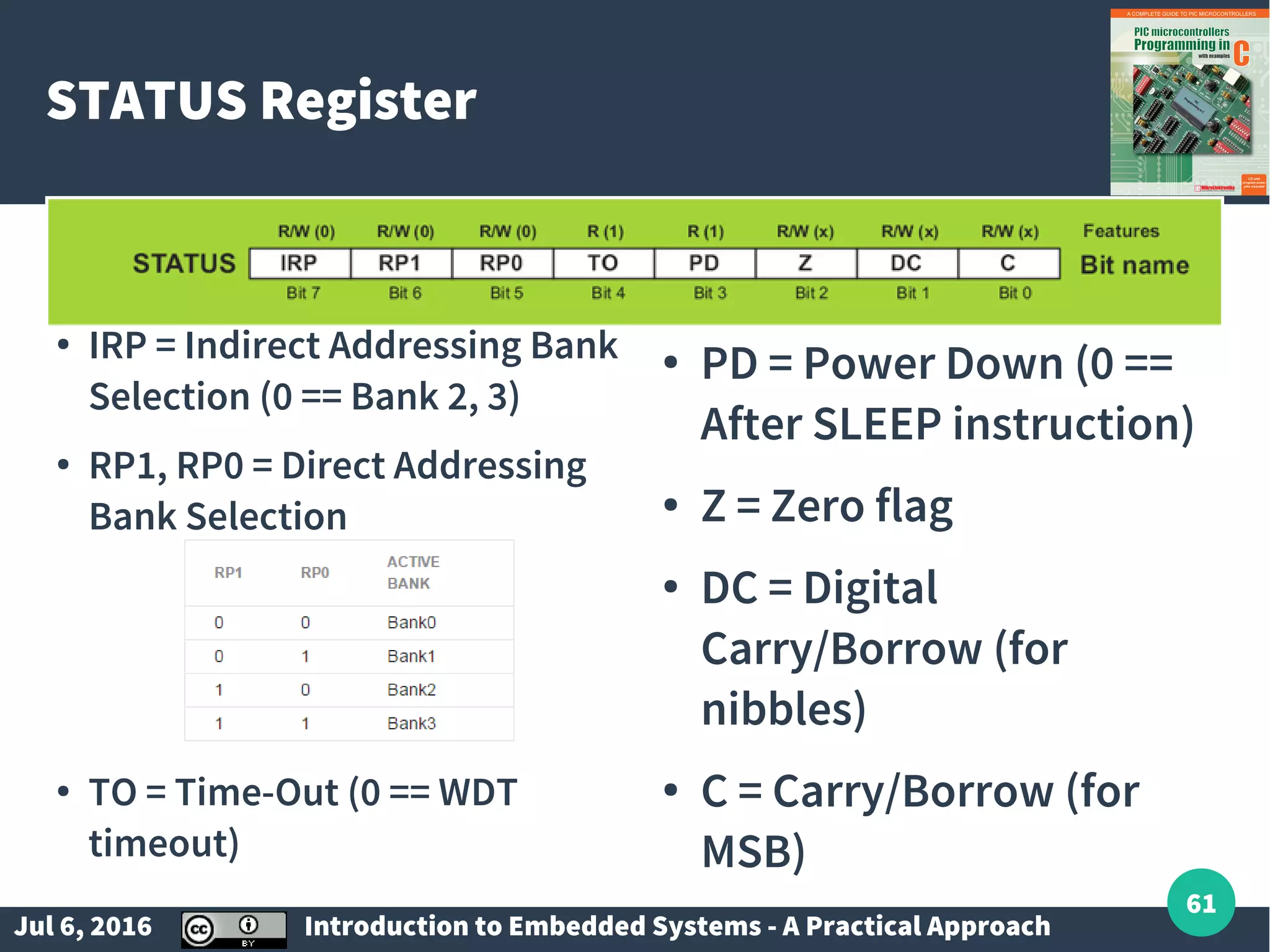 Jul 6, 2016 Introduction to Embedded Systems - A Practical Approach 61 STATUS Register ● IRP = Indirect Addressing Bank Selection (0 == Bank 2, 3) ● RP1, RP0 = Direct Addressing Bank Selection ● TO = Time-Out (0 == WDT timeout) ● PD = Power Down (0 == After SLEEP instruction) ● Z = Zero flag ● DC = Digital Carry/Borrow (for nibbles) ● C = Carry/Borrow (for MSB) 