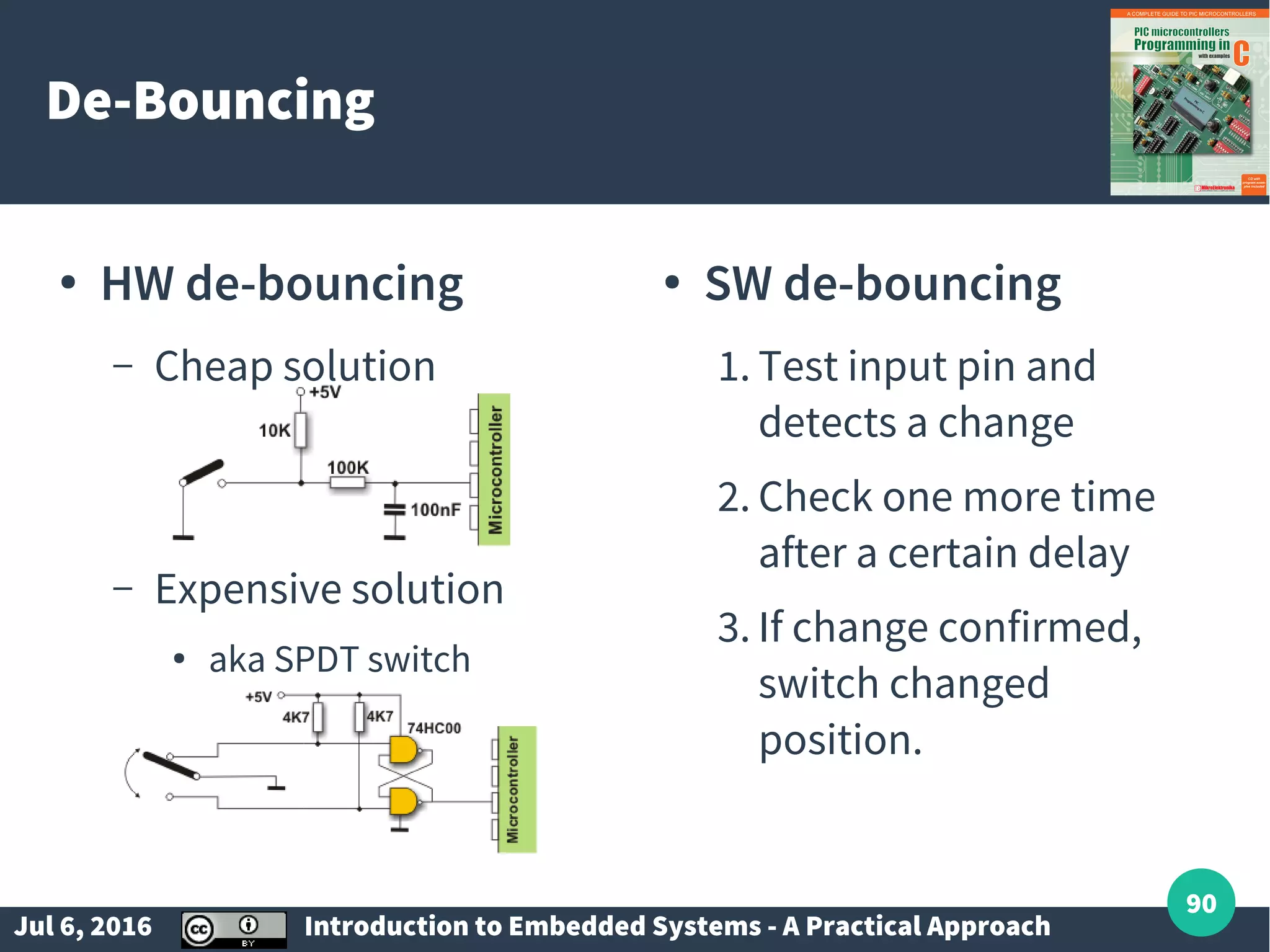 Jul 6, 2016 Introduction to Embedded Systems - A Practical Approach 90 De-Bouncing ● HW de-bouncing – Cheap solution – Expensive solution ● aka SPDT switch ● SW de-bouncing 1. Test input pin and detects a change 2. Check one more time after a certain delay 3. If change confirmed, switch changed position. 