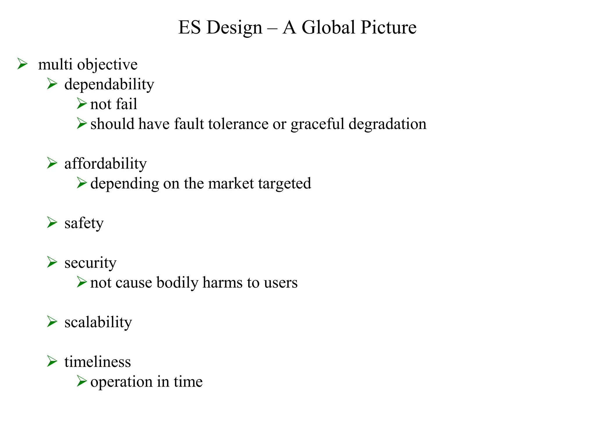 ES Design – A Global Picture
 multi objective
 dependability
not fail
should have fault tolerance or graceful degradation
 affordability
depending on the market targeted
 safety
 security
not cause bodily harms to users
 scalability
 timeliness
operation in time
 