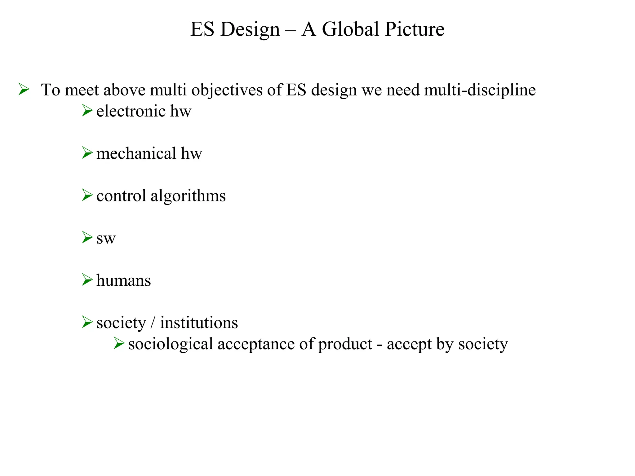 ES Design – A Global Picture
 To meet above multi objectives of ES design we need multi-discipline
electronic hw
mechanical hw
control algorithms
sw
humans
society / institutions
sociological acceptance of product - accept by society
 