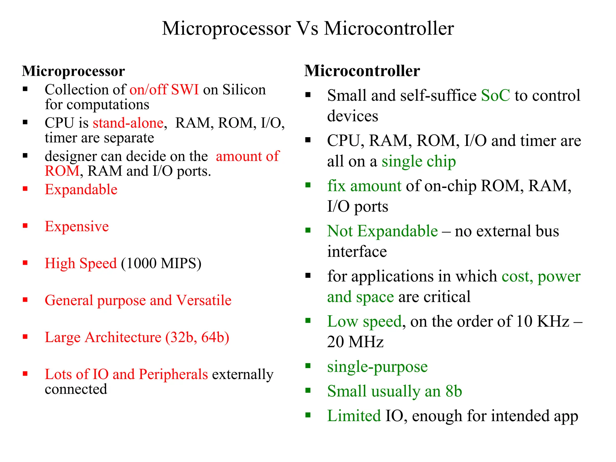 Microprocessor Vs Microcontroller
Microprocessor
 Collection of on/off SWI on Silicon
for computations
 CPU is stand-alone, RAM, ROM, I/O,
timer are separate
 designer can decide on the amount of
ROM, RAM and I/O ports.
 Expandable
 Expensive
 High Speed (1000 MIPS)
 General purpose and Versatile
 Large Architecture (32b, 64b)
 Lots of IO and Peripherals externally
connected
Microcontroller
 Small and self-suffice SoC to control
devices
 CPU, RAM, ROM, I/O and timer are
all on a single chip
 fix amount of on-chip ROM, RAM,
I/O ports
 Not Expandable – no external bus
interface
 for applications in which cost, power
and space are critical
 Low speed, on the order of 10 KHz –
20 MHz
 single-purpose
 Small usually an 8b
 Limited IO, enough for intended app
 