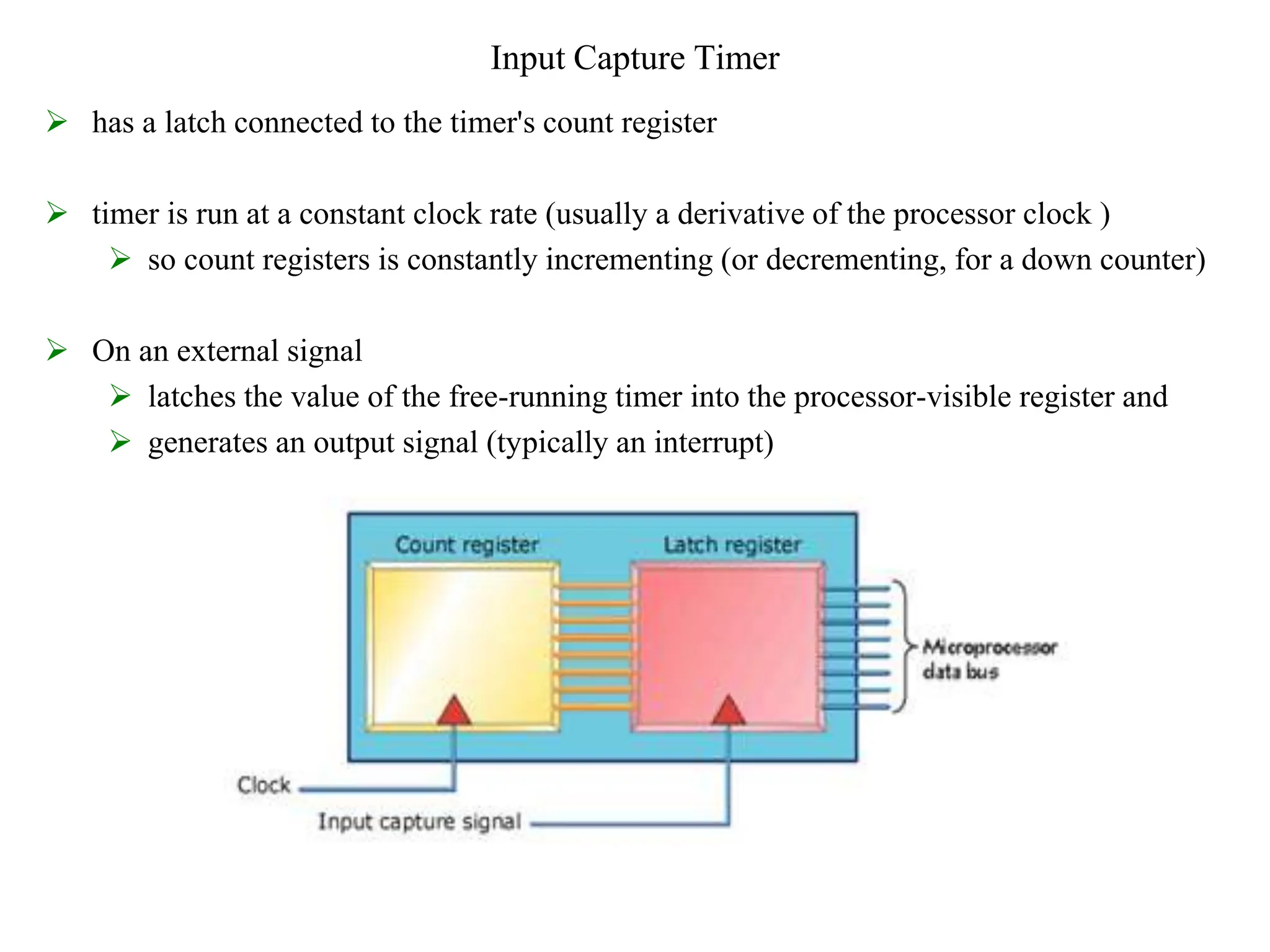 Input Capture Timer
 has a latch connected to the timer's count register
 timer is run at a constant clock rate (usually a derivative of the processor clock )
 so count registers is constantly incrementing (or decrementing, for a down counter)
 On an external signal
 latches the value of the free-running timer into the processor-visible register and
 generates an output signal (typically an interrupt)
 