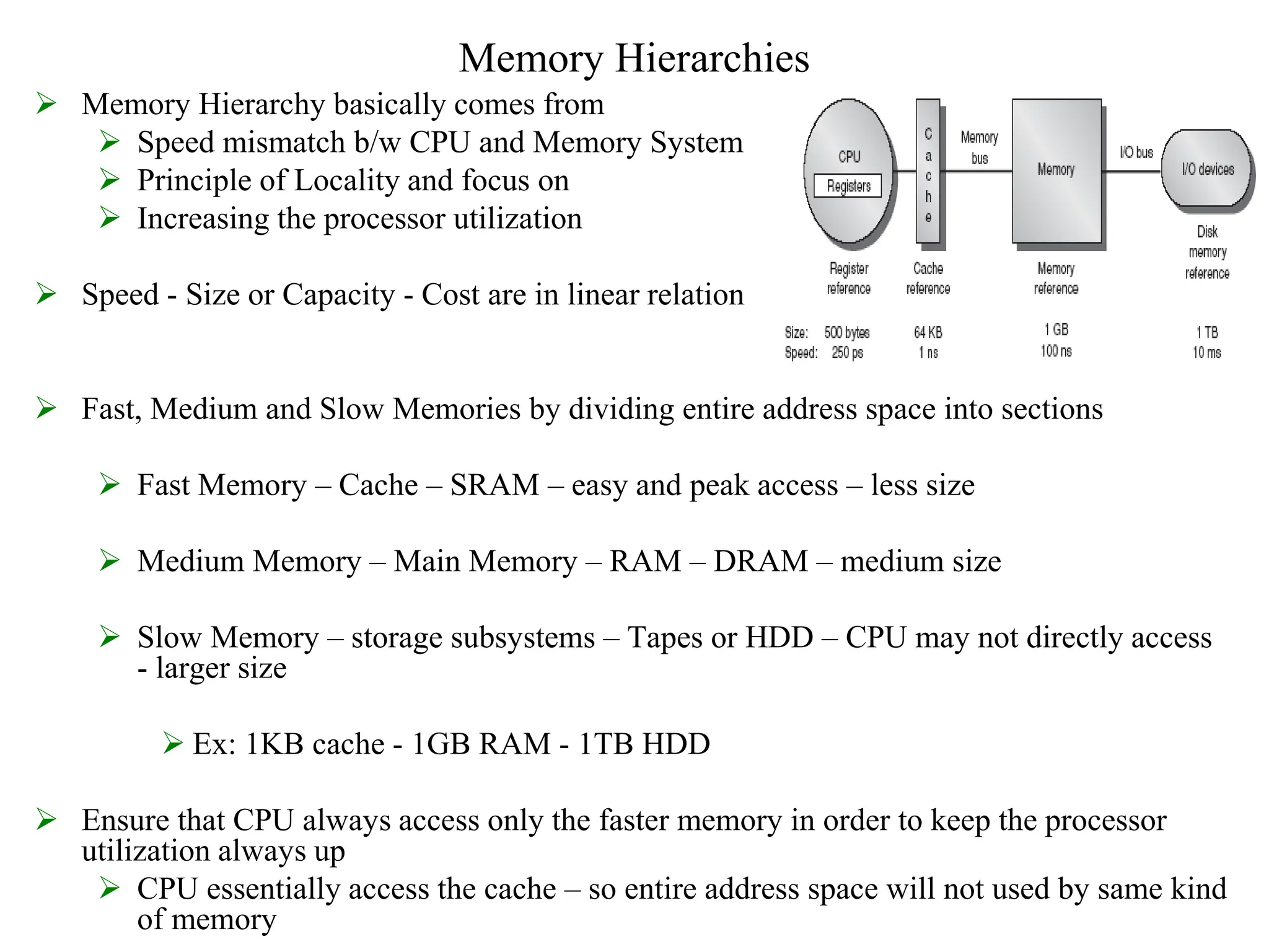 Memory Hierarchies
 Memory Hierarchy basically comes from
 Speed mismatch b/w CPU and Memory System
 Principle of Locality and focus on
 Increasing the processor utilization
 Speed - Size or Capacity - Cost are in linear relation
 Fast, Medium and Slow Memories by dividing entire address space into sections
 Fast Memory – Cache – SRAM – easy and peak access – less size
 Medium Memory – Main Memory – RAM – DRAM – medium size
 Slow Memory – storage subsystems – Tapes or HDD – CPU may not directly access
- larger size
 Ex: 1KB cache - 1GB RAM - 1TB HDD
 Ensure that CPU always access only the faster memory in order to keep the processor
utilization always up
 CPU essentially access the cache – so entire address space will not used by same kind
of memory
 