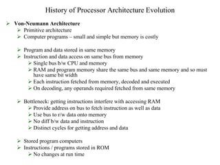 History of Processor Architecture Evolution
 Von-Neumann Architecture
 Primitive architecture
 Computer programs – small and simple but memory is costly
 Program and data stored in same memory
 Instruction and data access on same bus from memory
 Single bus b/w CPU and memory
 RAM and program memory share the same bus and same memory and so must
have same bit width
 Each instruction fetched from memory, decoded and executed
 On decoding, any operands required fetched from same memory
 Bottleneck: getting instructions interfere with accessing RAM
 Provide address on bus to fetch instruction as well as data
 Use bus to r/w data onto memory
 No diff b/w data and instruction
 Distinct cycles for getting address and data
 Stored program computers
 Instructions / programs stored in ROM
 No changes at run time
 