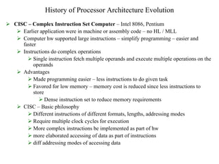 History of Processor Architecture Evolution
 CISC – Complex Instruction Set Computer – Intel 8086, Pentium
 Earlier application were in machine or assembly code – no HL / MLL
 Computer hw supported large instructions – simplify programming – easier and
faster
 Instructions do complex operations
 Single instruction fetch multiple operands and execute multiple operations on the
operands
 Advantages
 Made programming easier – less instructions to do given task
 Favored for low memory – memory cost is reduced since less instructions to
store
 Dense instruction set to reduce memory requirements
 CISC – Basic philosophy
 Different instructions of different formats, lengths, addressing modes
 Require multiple clock cycles for execution
 More complex instructions be implemented as part of hw
 more elaborated accessing of data as part of instructions
 diff addressing modes of accessing data
 
