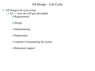 ES Design – Life Cycle
 ES Design Life cycle events
 LC => how do a ES gets developed
Requirements
Design
Manufacturing
Deployment
Logistics of maintaining the system
Retirement support
 