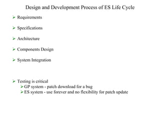 Design and Development Process of ES Life Cycle
 Requirements
 Specifications
 Architecture
 Components Design
 System Integration
 Testing is critical
GP system - patch download for a bug
ES system - use forever and no flexibility for patch update
 