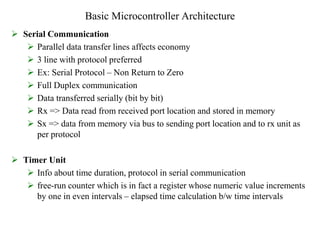 Basic Microcontroller Architecture
 Serial Communication
 Parallel data transfer lines affects economy
 3 line with protocol preferred
 Ex: Serial Protocol – Non Return to Zero
 Full Duplex communication
 Data transferred serially (bit by bit)
 Rx => Data read from received port location and stored in memory
 Sx => data from memory via bus to sending port location and to rx unit as
per protocol
 Timer Unit
 Info about time duration, protocol in serial communication
 free-run counter which is in fact a register whose numeric value increments
by one in even intervals – elapsed time calculation b/w time intervals
 