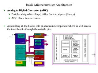 Basic Microcontroller Architecture
 Analog to Digital Converter (ADC)
 Peripheral signals (voltage) differ from uc signals (binary)
 ADC block for conversion
 Assembling all the blocks into an electronic component where uc will access
the inner blocks through the outside pins
 