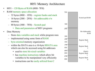 8051 Memory Architecture
• 8051 – 128 Bytes of RAM (00H- 7FH)
• RAM memory space allocation
– 32 bytes (00H – 1FH) – register banks and stack
– 16 bytes (20H – 2FH) – bit addressable r/w
memory
– 80 bytes (30H – 7FH) – Scratch pad
• Data and parameters of 8051 programs
• Data Memory
– Store data variables and stack while program runs
– implemented using some form of RAM
– byte-oriented memory organization
– within the DATA area is a 16-byte BDATA area
which can also be accessed using bit addresses
• used to store bit-sized variables
• has machine instructions which allow bit
variables to be manipulated very efficiently
• instructions can be easily utilized from C
7FH
30H
2FH
20H
1FH
17H
10H
0FH
07H
08H
18H
00H
Register Bank
0
(Stack)
Register Bank
1
Register Bank
2
Register Bank
3
Bit-Addressable
RAM
Scratch pad RAM
 