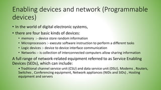 Enabling devices and network (Programmable
devices)
• In the world of digital electronic systems,
• there are four basic kinds of devices:
• memory :- device store random information
• Microprocessors :- execute software instruction to perform a different tasks
• Logic devices :- device to device interface communication
• Networks :- is collection of interconnected computers allow sharing information
A full range of network-related equipment referred to as Service Enabling
Devices (SEDs), which can include:
• Traditional channel service unit (CSU) and data service unit (DSU), Modems , Routers,
Switches , Conferencing equipment, Network appliances (NIDs and SIDs) , Hosting
equipment and servers
 