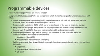 Programmable devices
• Fixed-Function Logic Device:- set for one function
• programmable logic devices (PLD):- are components which do not have a specific function associated with
them
• Simple programmable logic devices(SPLD) :-made from macro cell each cell made from AND-OR
structure based on the AND array feeding into OR array
• Programmable Logic Array (PLA):-which are to be configured by the user to obtain the out put
• Programmable Array Logic (PAL);-which can be programmed and depend on requirements of user
• Generic Logic Array (GLA):-they were electronical erasable and re programmable
• complex programmable logic devices (CPLD) :- the collection of SPLD sturctures which are
interconnected via multiplexer or switch matric
• Logic Arrays Block(LAB)
• Programmable interconnexion Arrays(PIA)
• field programmable Gate Arrays (FPGAs):- are made from interconnected small macro cells and from
logic cells
• Logic Block
• Programmable Interconnection
• I/O block
 