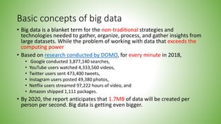 Basic concepts of big data
• Big data is a blanket term for the non-traditional strategies and
technologies needed to gather, organize, process, and gather insights from
large datasets. While the problem of working with data that exceeds the
computing power
• Based on research conducted by DOMO, for every minute in 2018,
• Google conducted 3,877,140 searches,
• YouTube users watched 4,333,560 videos,
• Twitter users sent 473,400 tweets,
• Instagram users posted 49,380 photos,
• Netflix users streamed 97,222 hours of video, and
• Amazon shipped 1,111 packages.
• By 2020, the report anticipates that 1.7MB of data will be created per
person per second. Big data is getting even bigger.
 