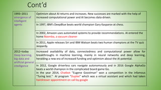 Cont’d
1993–2011
emergence of
intelligent
agents
Optimism about AI returns and increases. New successes are marked with the help of
increased computational power and AI becomes data-driven.
In 1997, IBM’s DeepBlue beats world champion Gary Kasparov at chess.
In 2002, Amazon uses automated systems to provide recommendations. AI entered the
home Roomba, a vacuum cleaner
In 2011, Apple releases Siri and IBM Watson beats two human champions at the TV quiz
Jeopardy.
2012–today
Deep learning,
big data and
artificial general
intelligence
Increased availability of data, connectedness and computational power allow for
breakthroughs in machine learning, mainly in neural networks and deep learning,
heralding a new era of increased funding and optimism about the AI potential.
In 2012, Google driverless cars navigate autonomously and in 2016 Google AlphaGo
beats a world champion in the complicated board game Go.
In the year 2014, Chatbot "Eugene Goostman" won a competition in the infamous
"Turing test." AI program "Duplex" which was a virtual assistant and which had taken
hairdresser appointment on call by google
62
 