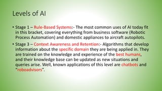 Levels of AI
• Stage 1 – Rule-Based Systems:- The most common uses of AI today fit
in this bracket, covering everything from business software (Robotic
Process Automation) and domestic appliances to aircraft autopilots.
• Stage 3 – Context Awareness and Retention:- Algorithms that develop
information about the specific domain they are being applied in. They
are trained on the knowledge and experience of the best humans,
and their knowledge base can be updated as new situations and
queries arise. Well, known applications of this level are chatbots and
“roboadvisors”.
 