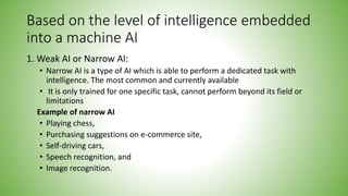 Based on the level of intelligence embedded
into a machine AI
1. Weak AI or Narrow AI:
• Narrow AI is a type of AI which is able to perform a dedicated task with
intelligence. The most common and currently available
• It is only trained for one specific task, cannot perform beyond its field or
limitations
Example of narrow AI
• Playing chess,
• Purchasing suggestions on e-commerce site,
• Self-driving cars,
• Speech recognition, and
• Image recognition.
 