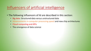 Influencers of artificial intelligence
• The following influencers of AI are described in this section:
• Big data: Structured data versus unstructured data
• Advancements in computer processing speed and new chip architectures
• Cloud computing and APIs
• The emergence of data science
 