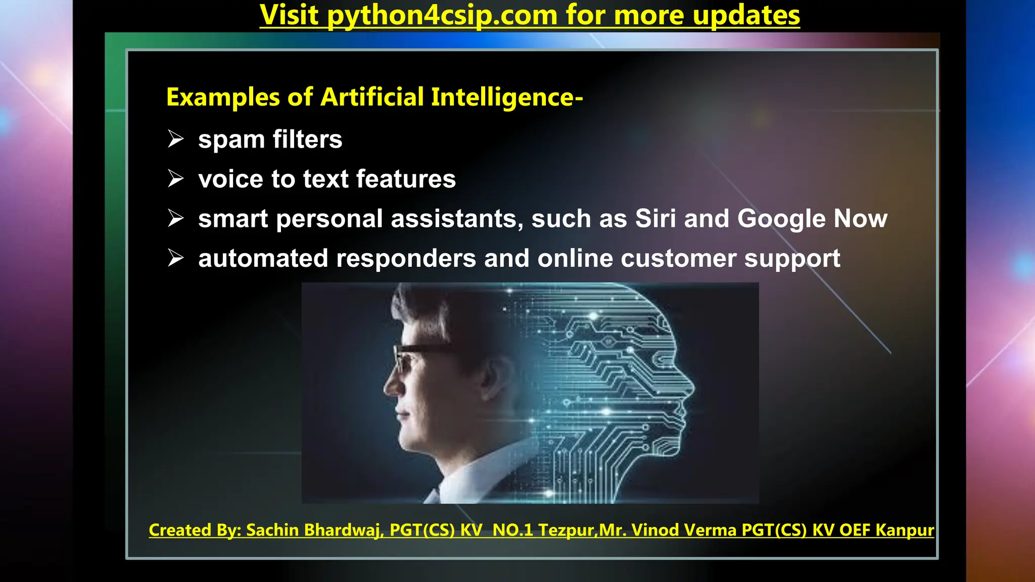 Visit python4csip.com for more updates
Created By: Sachin Bhardwaj, PGT(CS) KV NO.1 Tezpur,Mr. Vinod Verma PGT(CS) KV OEF Kanpur
Examples of Artificial Intelligence-
➢ spam filters
➢ voice to text features
➢ smart personal assistants, such as Siri and Google Now
➢ automated responders and online customer support
 