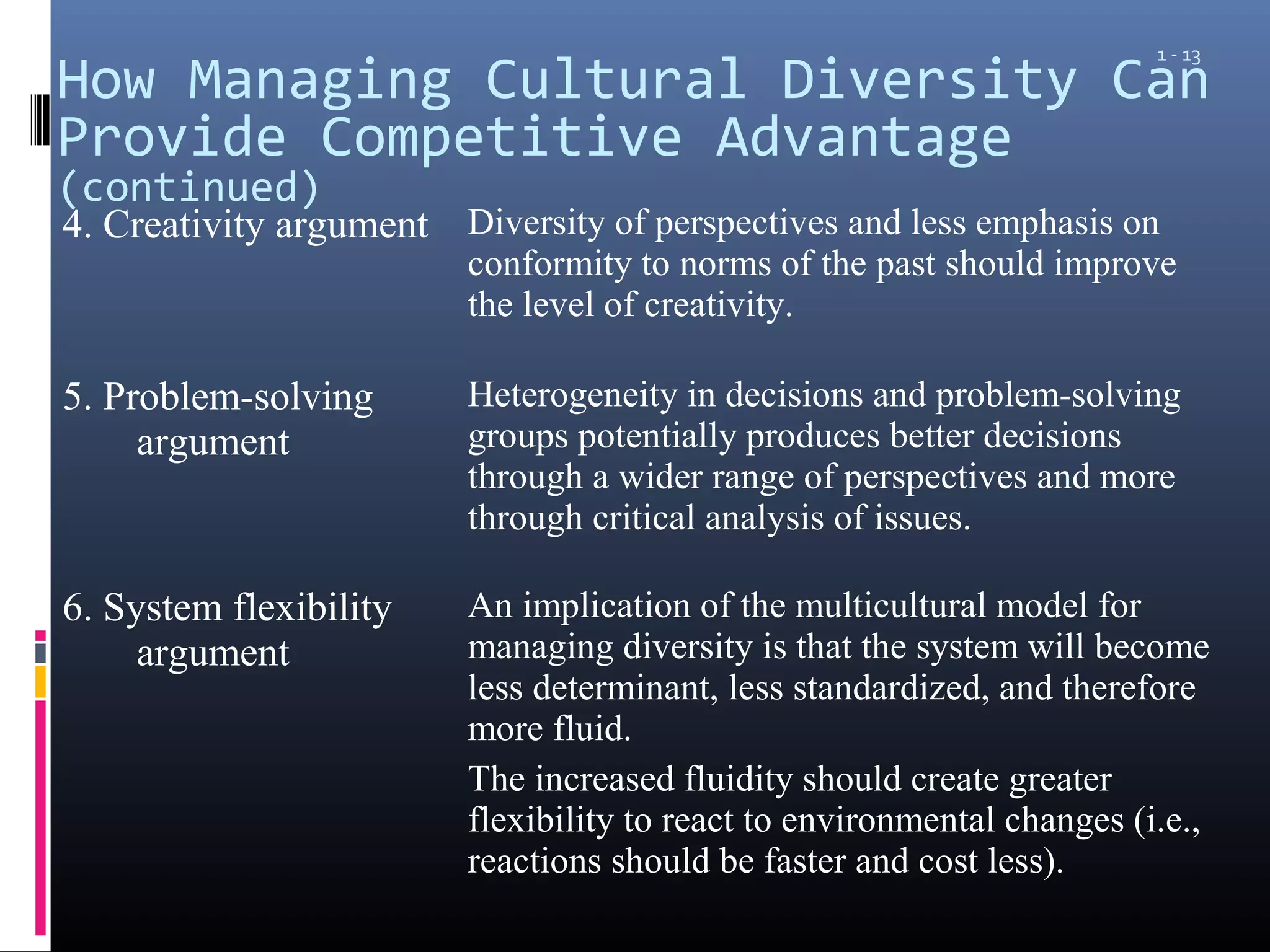 1 - 13
How Managing Cultural Diversity Can
Provide Competitive Advantage
(continued)
4. Creativity argument Diversity of perspectives and less emphasis on
                         conformity to norms of the past should improve
                         the level of creativity.

5. Problem-solving       Heterogeneity in decisions and problem-solving
     argument            groups potentially produces better decisions
                         through a wider range of perspectives and more
                         through critical analysis of issues.

6. System flexibility    An implication of the multicultural model for
     argument            managing diversity is that the system will become
                         less determinant, less standardized, and therefore
                         more fluid.
                         The increased fluidity should create greater
                         flexibility to react to environmental changes (i.e.,
                         reactions should be faster and cost less).
 