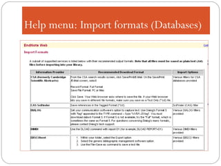 Help menu: Import formats (Databases) 