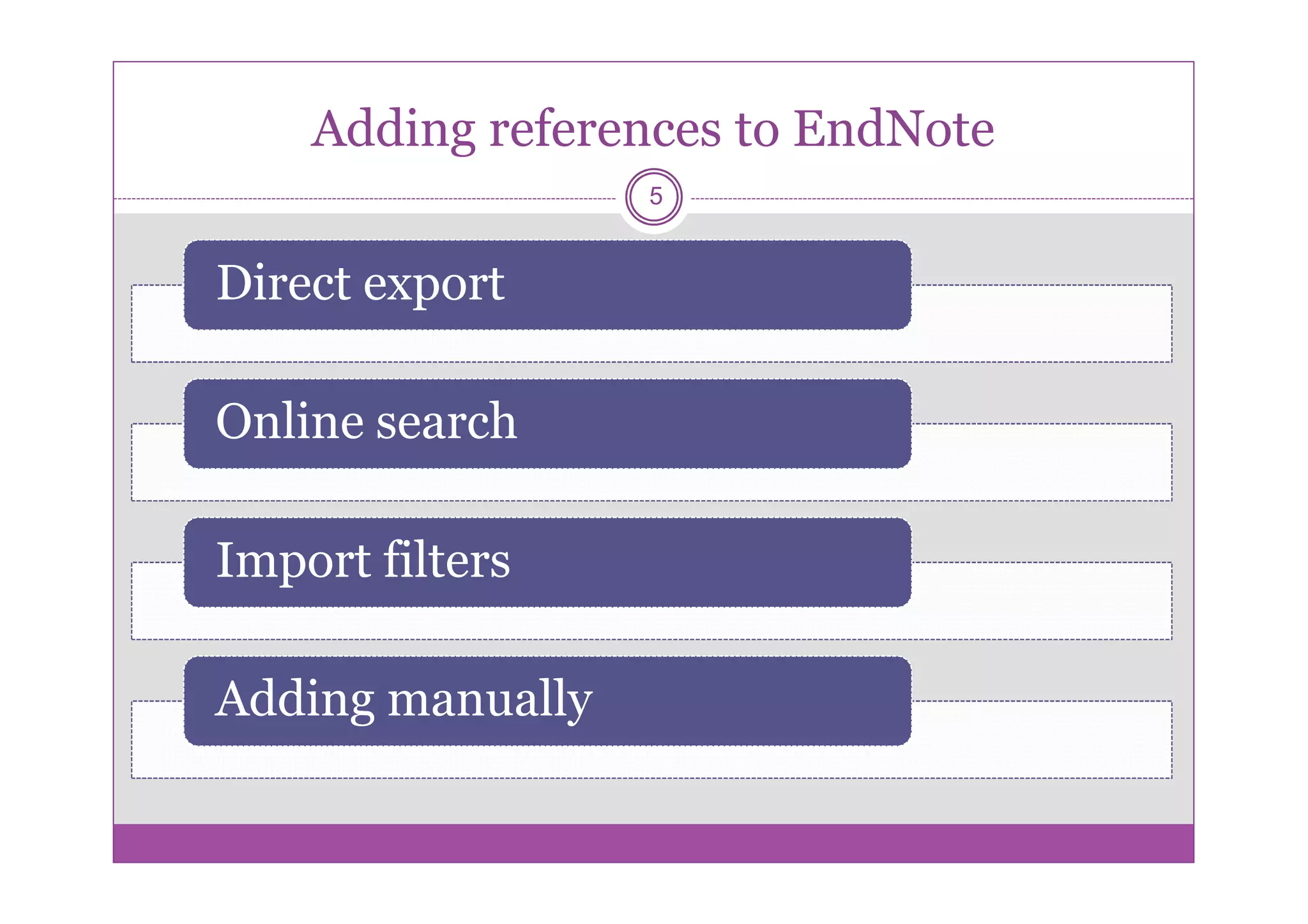 Adding references to EndNote
                  5


Direct export

Online search

Import filters

Adding manually
 
