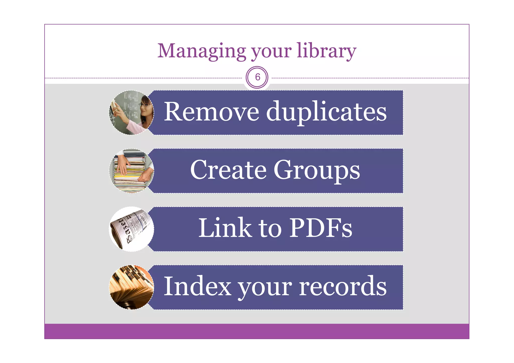 Managing your library
          6



Remove duplicates

   Create Groups

    Link to PDFs

Index your records
 