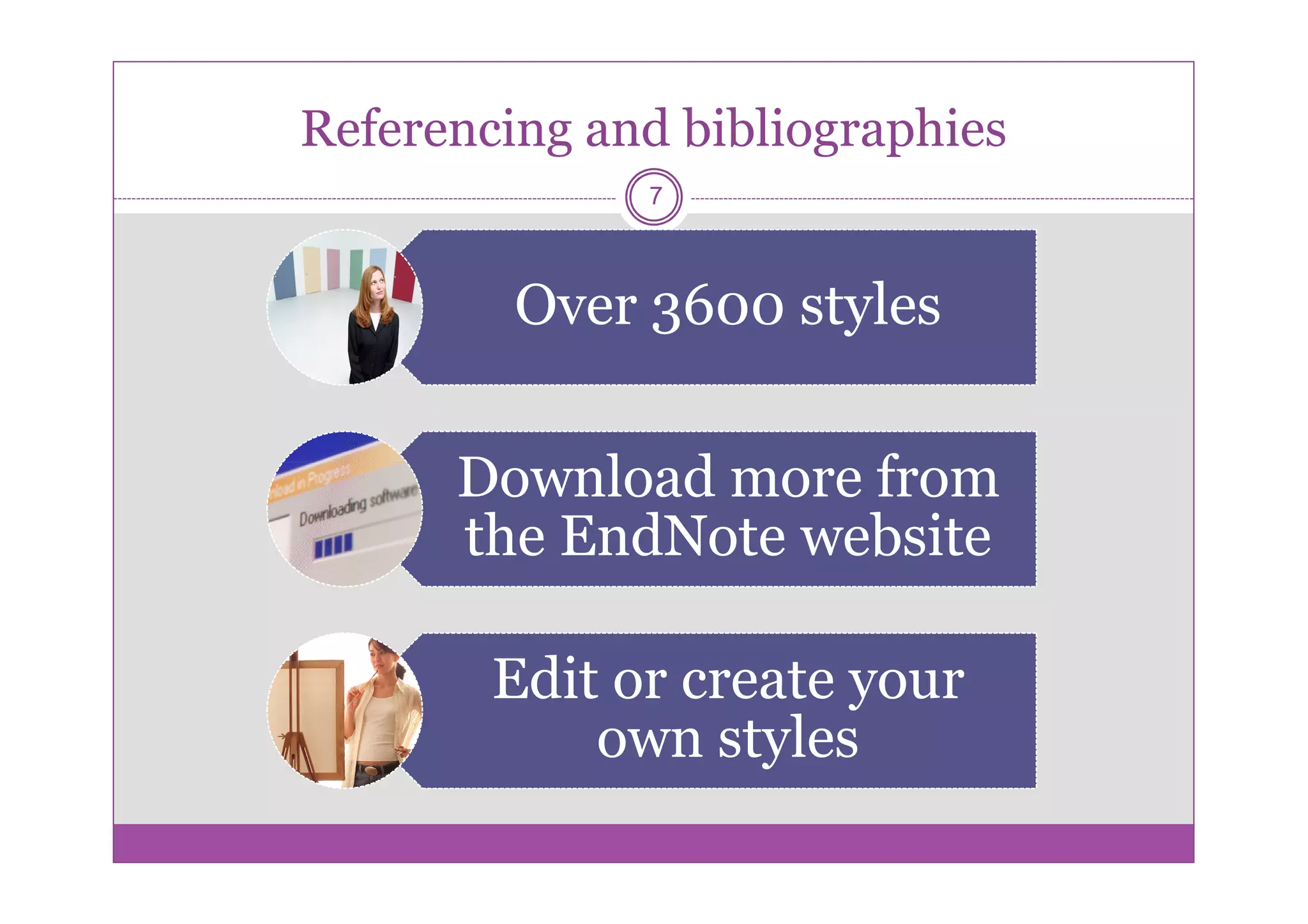 Referencing and bibliographies
              7



         Over 3600 styles


      Download more from
      the EndNote website

        Edit or create your
            own styles
 
