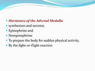  Hormones of the Adrenal Medulla
 synthesizes and secretes
 Epinephrine and
 Norepinephrine
 To prepare the body for sudden physical activity.
 By the fight-or-flight reaction
 