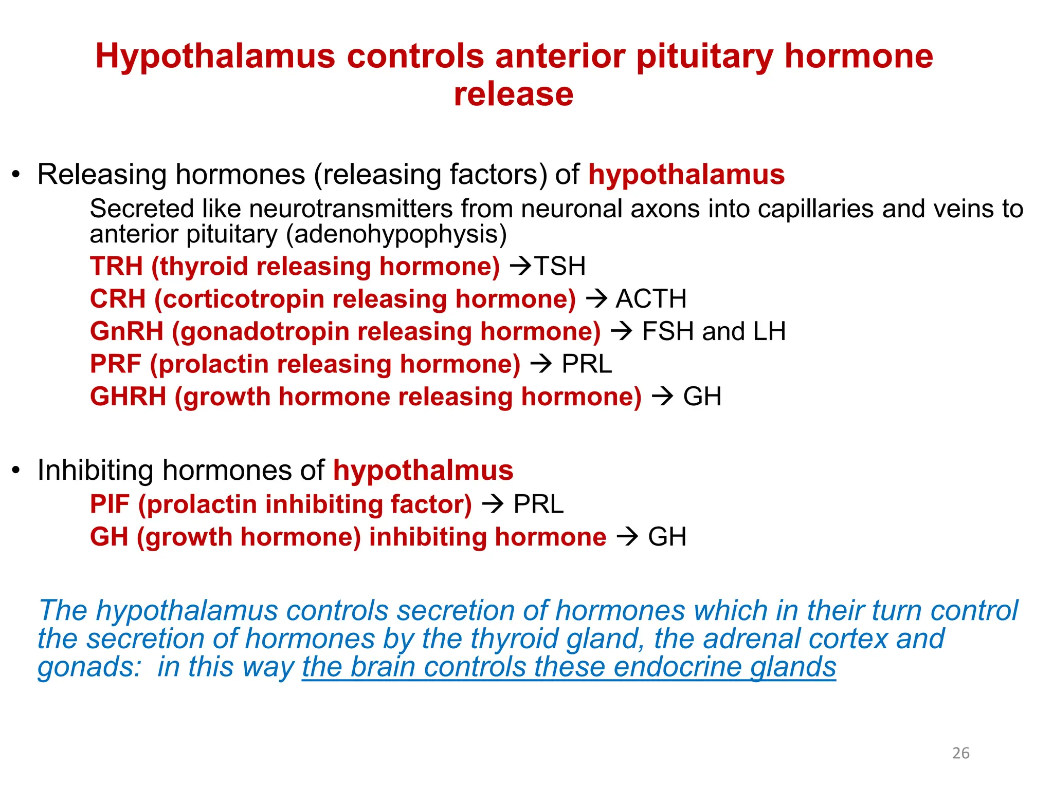• Releasing hormones (releasing factors) of hypothalamus
Secreted like neurotransmitters from neuronal axons into capillaries and veins to
anterior pituitary (adenohypophysis)
TRH (thyroid releasing hormone) TSH
CRH (corticotropin releasing hormone)  ACTH
GnRH (gonadotropin releasing hormone)  FSH and LH
PRF (prolactin releasing hormone)  PRL
GHRH (growth hormone releasing hormone)  GH
• Inhibiting hormones of hypothalmus
PIF (prolactin inhibiting factor)  PRL
GH (growth hormone) inhibiting hormone  GH
The hypothalamus controls secretion of hormones which in their turn control
the secretion of hormones by the thyroid gland, the adrenal cortex and
gonads: in this way the brain controls these endocrine glands
Hypothalamus controls anterior pituitary hormone
release
26
 