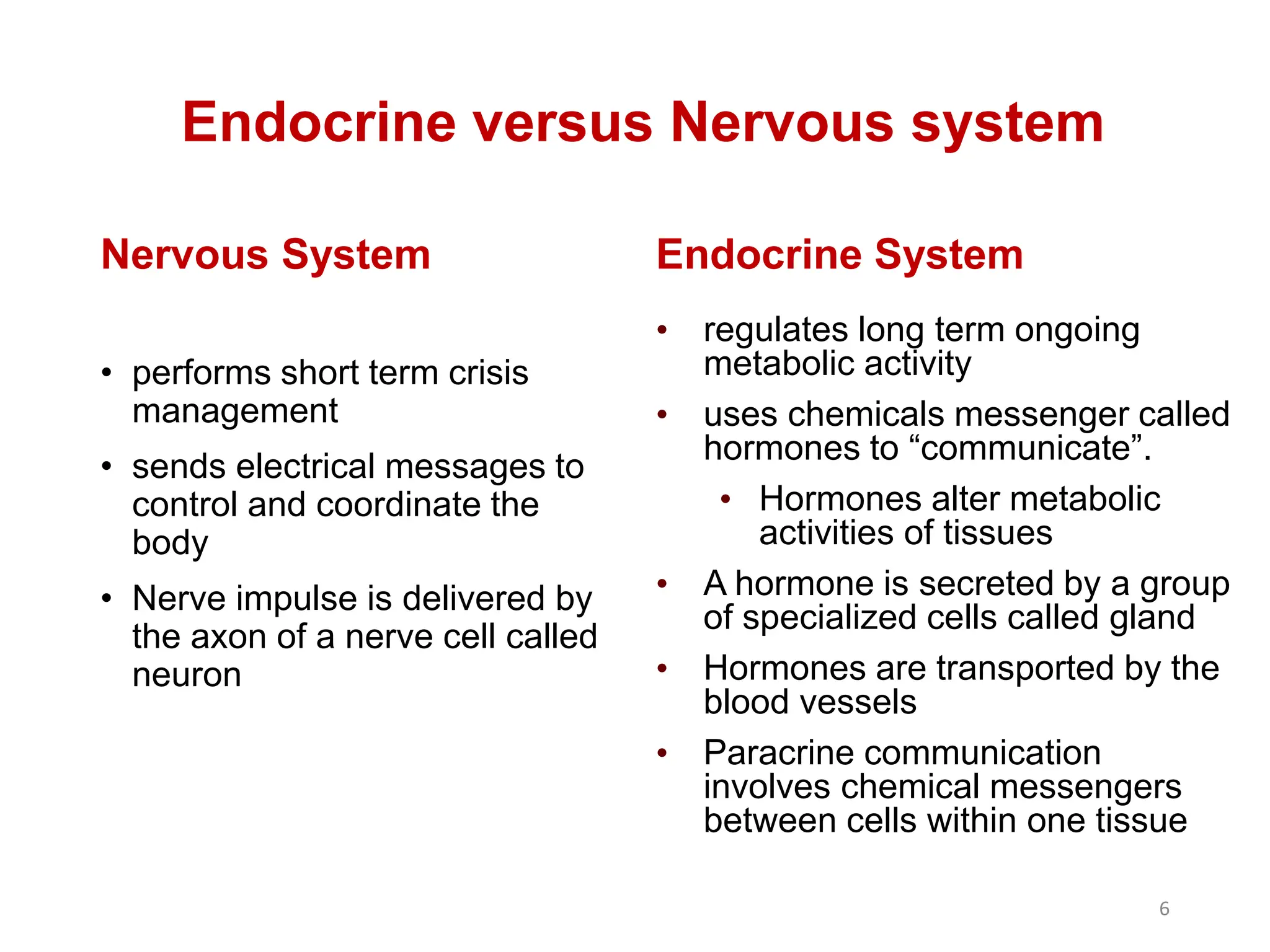 Nervous System Endocrine System
• regulates long term ongoing
metabolic activity
• uses chemicals messenger called
hormones to “communicate”.
• Hormones alter metabolic
activities of tissues
• A hormone is secreted by a group
of specialized cells called gland
• Hormones are transported by the
blood vessels
• Paracrine communication
involves chemical messengers
between cells within one tissue
Endocrine versus Nervous system
• performs short term crisis
management
• sends electrical messages to
control and coordinate the
body
• Nerve impulse is delivered by
the axon of a nerve cell called
neuron
6
 