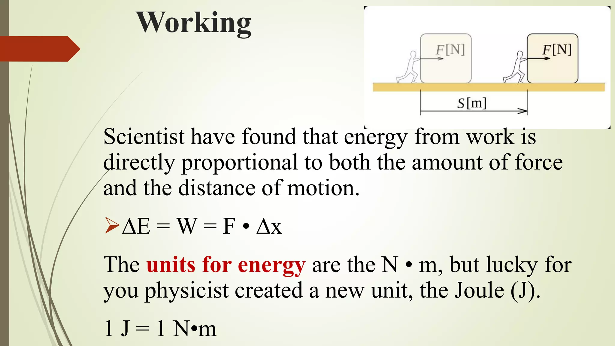 Working
Scientist have found that energy from work is
directly proportional to both the amount of force
and the distance of motion.
E = W = F • x
The units for energy are the N • m, but lucky for
you physicist created a new unit, the Joule (J).
1 J = 1 N•m
 