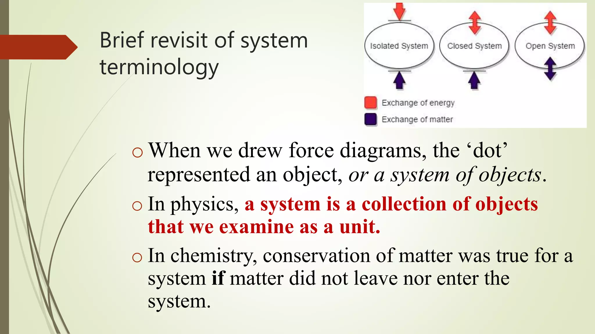 Brief revisit of system
terminology
oWhen we drew force diagrams, the ‘dot’
represented an object, or a system of objects.
o In physics, a system is a collection of objects
that we examine as a unit.
o In chemistry, conservation of matter was true for a
system if matter did not leave nor enter the
system.
 