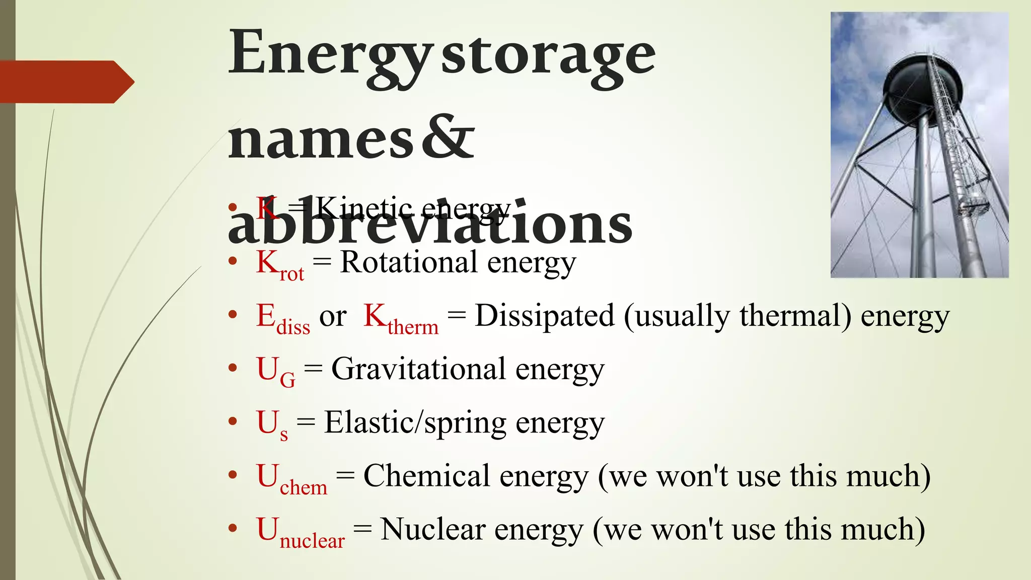 Energystorage
names&
abbreviations• K = Kinetic energy
• Krot = Rotational energy
• Ediss or Ktherm = Dissipated (usually thermal) energy
• UG = Gravitational energy
• Us = Elastic/spring energy
• Uchem = Chemical energy (we won't use this much)
• Unuclear = Nuclear energy (we won't use this much)
 