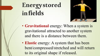 Energystored
infields
• Gravitational energy: When a system is
gravitational attracted to another system
and there is a distance between them.
• Elastic energy: A system that has been
bent/compressed/stretched and will return
to its original shape if released.
 