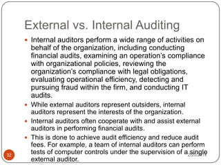 External vs. Internal Auditing
 Internal auditors perform a wide range of activities on

behalf of the organization, including conducting
financial audits, examining an operation’s compliance
with organizational policies, reviewing the
organization’s compliance with legal obligations,
evaluating operational efficiency, detecting and
pursuing fraud within the firm, and conducting IT
audits.
 While external auditors represent outsiders, internal

32

auditors represent the interests of the organization.
 Internal auditors often cooperate with and assist external
auditors in performing financial audits.
 This is done to achieve audit efficiency and reduce audit
fees. For example, a team of internal auditors can perform
tests of computer controls under the supervision of a2/20/2014
single
external auditor.

 